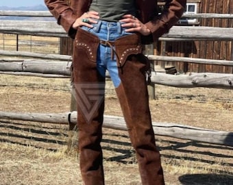 Chaps vaqueras de gamuza hechos a mano: pantalones de cuero estilo rodeo occidental