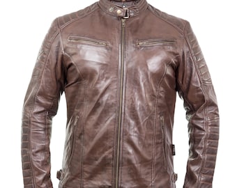 Chaqueta de piel de oveja marrón envejecida para hombre / Corte ajustado estilo motociclista / Ropa exterior para motociclista-504