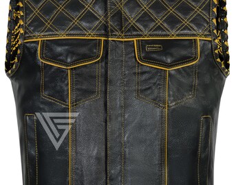 Chaleco de motociclista de cuero acolchado con rombos, hecho a mano, corte club de motociclistas para hombre