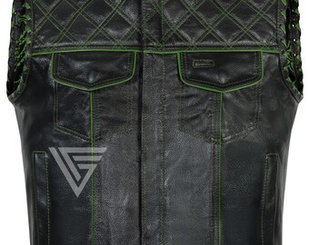 Chaleco de motociclista de cuero genuino para hombre: hecho a mano, con acolchado de rombos