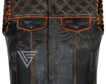 Chaleco de motociclista de cuero para hombre – Estilo club motero con acolchado de rombos