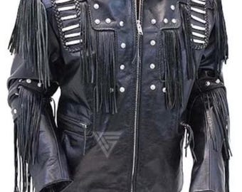 Chaqueta vaquera de gamuza para hombre: flecos y cuentas trenzadas