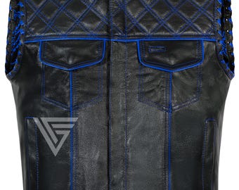 Chaleco de motociclista de lujo para hombre, hecho a mano en cuero, estilo clásico con acolchado de rombos.