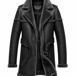 Men's Long Shearling Sheepskin Coat – Retro Leather Bomber Overcoat