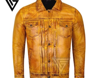 Chaqueta de camionero de cuero amarillo desgastado: estilo motero vintage