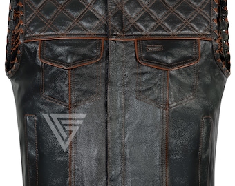 Chaleco de motociclista de cuero auténtico para hombre, hecho a mano: chaleco de montar estilo club con acolchado de rombos