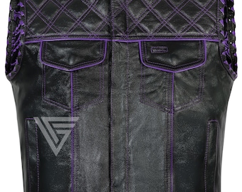 Chaleco de motociclista de cuero acolchado con rombos hecho a mano – Ropa para clubes de motociclistas