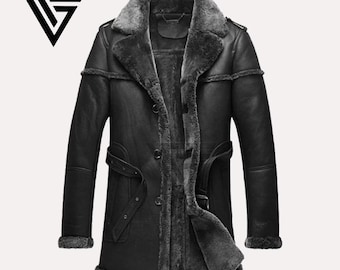 Abrigo largo de piel de oveja para hombre: abrigo bomber de cuero retro