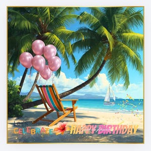 May include: A beach scene featuring a wooden lounge chair with colorful stripes, a cluster of pink balloons, and a sailboat on the water. The text "Let's CELEBRATE HAPPY BIRTHDAY" is displayed at the bottom with a hibiscus flower graphic.