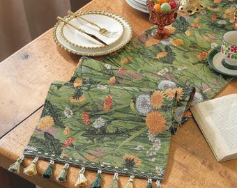 Retro Oil Painting Jacquard Tassel Table Runner Elegant Vintage Floral Plant Design Dining Table Decor Boho Farmhouse Kitchen Home Accent