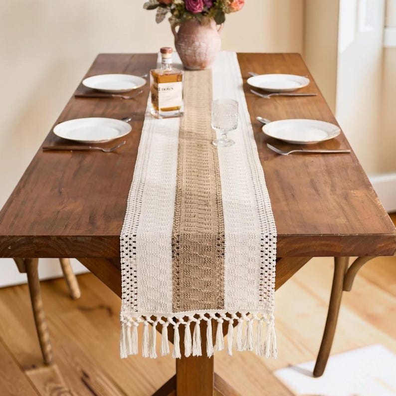 Boho Macrame Table Runner Farmhouse Decor Tassel Woven Neutral Dining ...