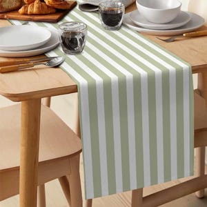 May include: A table setting featuring a green and white striped table runner. The runner is placed on a light-colored wooden table, with plates, bowls, and silverware. The table is set for a meal, with glasses and food visible.