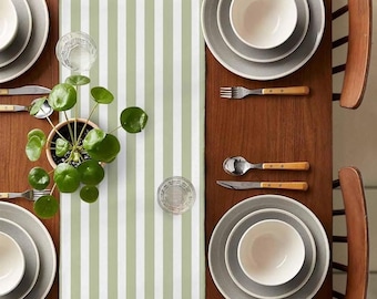 Camino de mesa a rayas verde salvia, estilo rústico, para cocina, comedor, decoración moderna, centro de mesa, reutilizable, para fiestas, bodas y celebraciones.