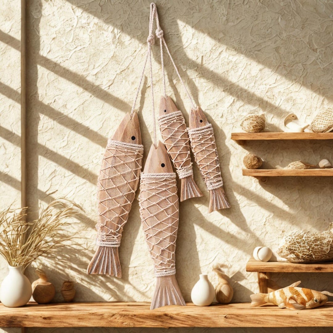 Mediterranean Vintage Wooden Fish Wall Hanging Coastal Nautical Rustic ...