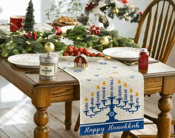 Hanukkah Linen Table Runner Jewish Holiday Decor with Hebrew Menorah Star of David Chanukah Festival of Lights Party Kitchen Dining jew gift