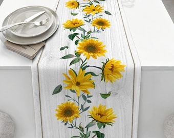 Sunflower Linen Table Runner Wood Grain Farmhouse Kitchen Decor Coastal Dining Table Topper Wedding Party Rustic Geometric Printed Runner