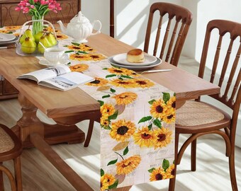 Camino de mesa de lino con girasoles amarillos, estilo rústico campestre, ideal para decorar la mesa en el comedor, la cocina o fiestas.