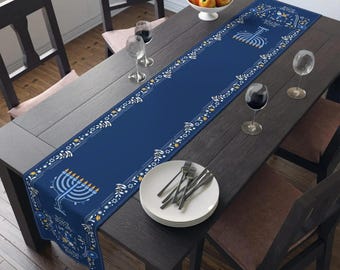 Hanukkah Linen Table Runner Jewish Holiday Decor with Hebrew Menorah Star of David Chanukah Festival of Lights Party Kitchen Dining jew gift