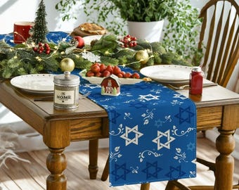 Blue Hexagram Jewish Table Runner Star of David Linen Table Decor for Passover, Hanukkah Shabbat Table Runner Magen david Gift Hostess Gift