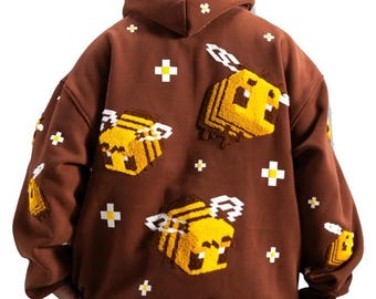 Handmade Brown Pixel Bee Hoodie | Unisex Oversized 3D Embroidered Pullover | Streetwear Jumper | Pixel Bee Sweatshirt