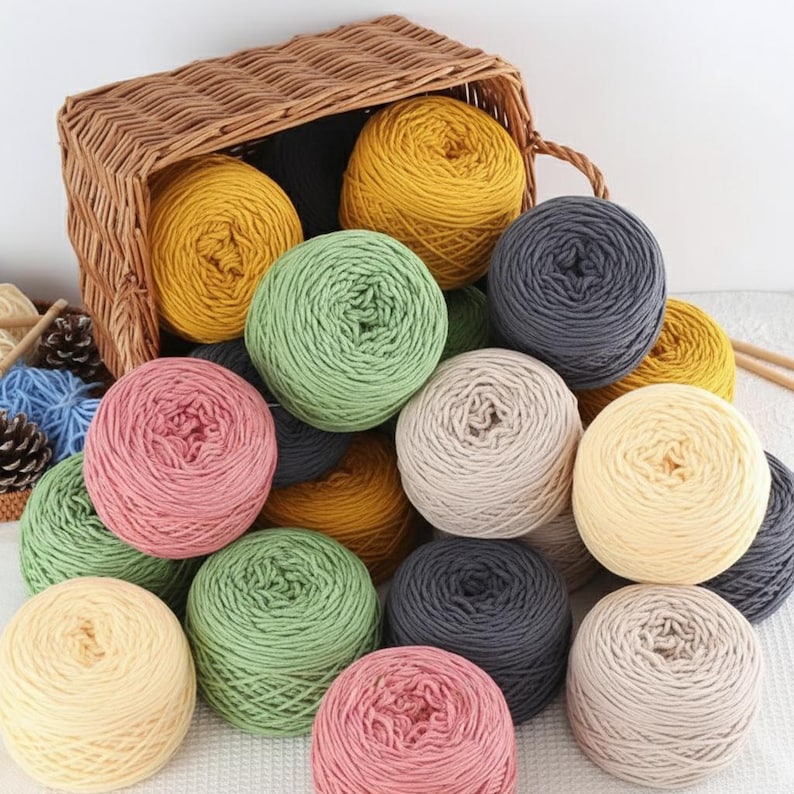 K&ouml;nnte beinhalten: Ein Weidenkorb, der mit bunten Wollkn&auml;ueln in Gelb-, Gr&uuml;n-, Rosa-, Grau- und Cremet&ouml;nen &uuml;berquillt. Die Wollkn&auml;uel sind um den Korb herum verstreut, was auf ein Bastelprojekt hindeutet. Stricknadeln und Tannenzapfen sind im Hintergrund zu sehen.