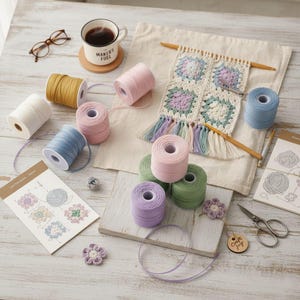 May include: A collection of crochet supplies, including spools of yarn in various colors like white, yellow, pink, blue, green, and purple. A partially completed crochet project, crochet hooks, scissors, and a cup of coffee are also present. The text "Maker's Fuel" is visible on the cup.