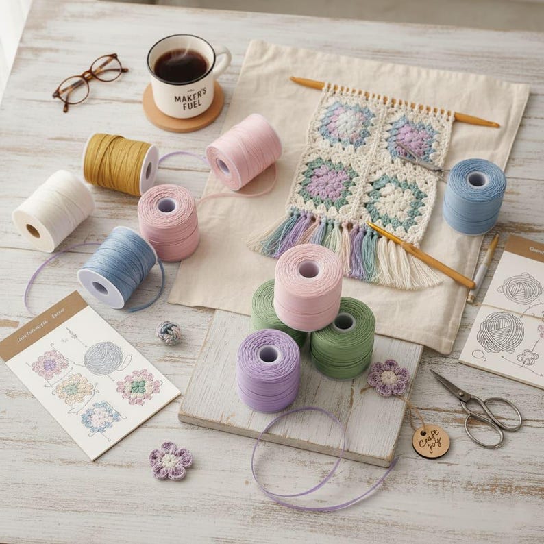 May include: A collection of crochet supplies, including spools of yarn in various colors like white, yellow, pink, blue, green, and purple. A partially completed crochet project, crochet hooks, scissors, and a cup of coffee are also present. The text "Maker's Fuel" is visible on the cup.