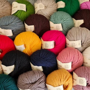 May include: A selection of colourful yarn skeins in shades of green, yellow, pink, and blue. Each skein has a label with the word "THREAD" visible. The yarn is tightly wound, suggesting it's ready for knitting or crocheting projects.