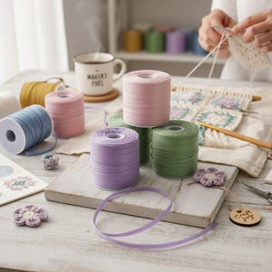 May include: A collection of colorful spools of craft thread in shades of pink, blue, yellow, green, and purple. A cup of coffee and a crochet project are also visible, along with a wooden tag that says "Craft Joy".