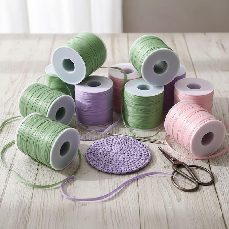 May include: An assortment of spools of colorful ribbon in shades of green, purple, and pink. A small, round, crocheted lavender coaster, a pair of small scissors, and a crochet needle are also present, suggesting a crafting theme.