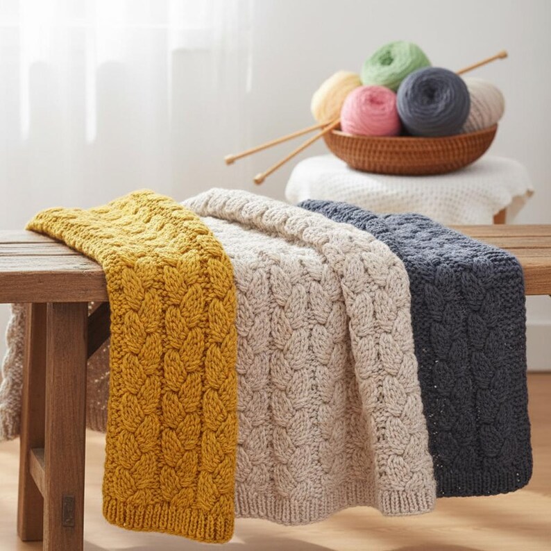 K&ouml;nnte beinhalten: Drei gestrickte &Uuml;berwurfdecken in Senfgelb, Creme und Marineblau, drapiert &uuml;ber einer Holzbank. Die Decken weisen ein strukturiertes Bl&auml;ttermuster auf. Ein Korb mit Wollkn&auml;ueln und Stricknadeln befindet sich im Hintergrund.
