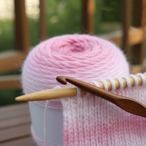 Puede incluir: Primer plano de un ovillo de lana rosa y blanca degradada junto a un proyecto de ganchillo en curso. Un ganchillo de madera y una aguja de tejer de bambú están insertados en la labor. El fondo está borroso.
