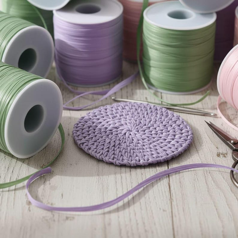 May include: A collection of spools of colorful ribbon in shades of green, purple, and pink. A crocheted lavender circle, a crochet hook, and scissors are also present, suggesting a crafting theme. The spools are arranged on a light-colored wooden surface.