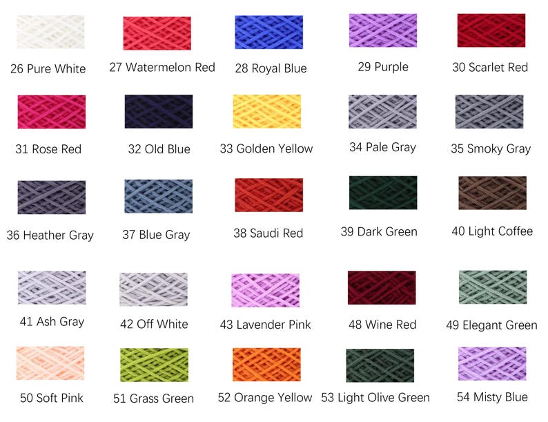 K&ouml;nnte beinhalten: Eine Farbkarte mit verschiedenen Garnfarben, die jeweils mit einer Nummer und einem Namen versehen sind. Zu den Farben geh&ouml;ren Wei&szlig;, Rot, Blau, Lila, Grau, Gelb, Gr&uuml;n und Rosa. Die Textbeschriftungen sind gut lesbar.