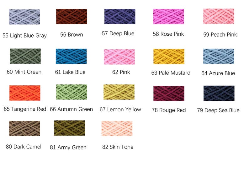 K&ouml;nnte beinhalten: Eine Farbkarte mit Garnmustern in verschiedenen Farbt&ouml;nen. Zu den Farben geh&ouml;ren hellblau-grau, braun, tiefblau, rosarot, pfirsichrosa, mintgr&uuml;n, seeblau, rosa, blassgelb, azurblau, tangerinenrot, herbstgr&uuml;n, zitronengelb, rot, tiefseebblau, dunkelkamelfarben, armegr&uuml;n und hautfarben.