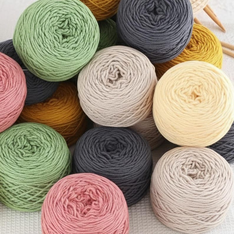 K&ouml;nnte beinhalten: Eine Sammlung bunter Wollkn&auml;uel in Gr&uuml;n-, Rosa-, Grau-, Gelb- und Cremet&ouml;nen. Das Garn ist eng gewickelt, was darauf hindeutet, dass es f&uuml;r Strick- oder H&auml;kelprojekte geeignet ist. Das Bild zeigt eine Vielzahl von Farben, perfekt zum Basteln.