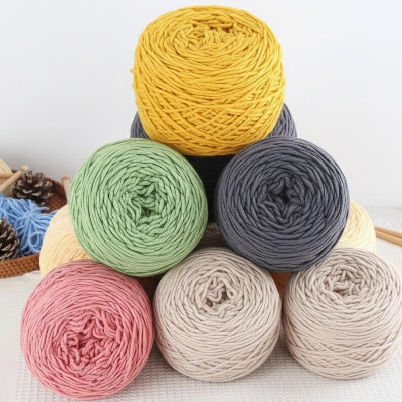 K&ouml;nnte beinhalten: Eine Sammlung bunter Wollkn&auml;uel in Gelb-, Gr&uuml;n-, Rosa-, Grau- und Beiget&ouml;nen. Das Garn ist ordentlich zu runden Kn&auml;ueln gewickelt, perfekt f&uuml;r Strick- oder H&auml;kelprojekte. Das Bild zeigt eine Vielzahl von Farben und Texturen.