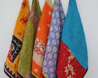 Conjunto de 5 toalhas de cozinha Kantha: Panos de prato indianos de algodão reciclado