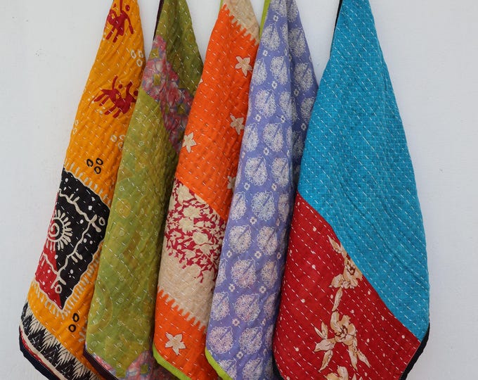 Kantha Kitchen Towel Set of 5: Upcycled Cotton Indian Dish Towels