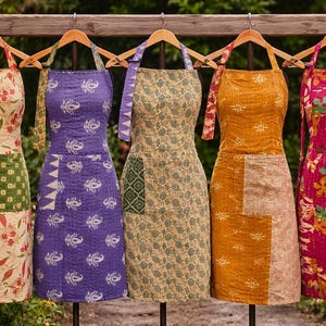Boho Förklädeset 5 delar | Vintage Kantha Förkläden | Handgjorda quiltade bomulls-boho kökskläder