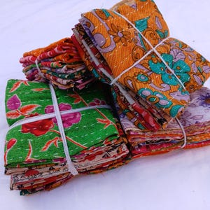Kantha Scrap Pack 20 Pcs : Hand-Stitched Old Quilting Cotton Remnants 6.5x6.5 Inch