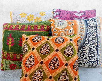 Kantha Kissenbezug Set 5: Vintage Handgemachte Baumwollkissen, Boho Akzent Dekor