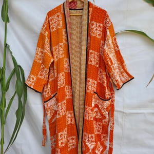 Kantha Kimono Jacket, Handmade Cotton Patchwork Robe, Reversible Boho Kimono, Vintage Indian Sari Jacket, Gift for Her