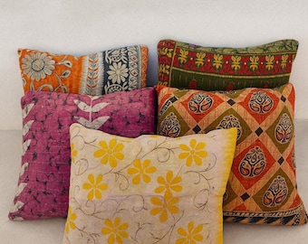 Boho Kantha Kissenbezug-Set: Bunte florale Baumwollkissen