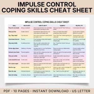 May include: A white cheat sheet titled Impulse Control Coping Skills Cheat Sheet with a table featuring columns for skill, helps with, how to use it, example, and helpful tip. The rows are color-coded in pastel shades of pink, yellow, blue, and purple.