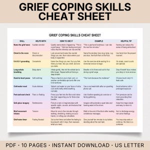 May include: A Grief Coping Skills Cheat Sheet document featuring a table with columns for skill, helps with, how to use it, example, and helpful tip. The rows are color-coded in pastel shades, listing techniques like name the grief wave, 5-4-3-2-1 grounding, and long-exhale breathing to manage emotions.