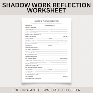 May include: A printable PDF worksheet titled "SHADOW WORK REFLECTION WORKSHEET" with fill-in-the-blank prompts about feelings and experiences. The document is in US Letter size and available for instant download.