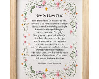 How Do I Love Thee by Elizabeth Barrett Browning Poem, Sonnet 43, Poetry Wall Art, Literary Wall Art, Romantic Home Decor, Couples Gifts