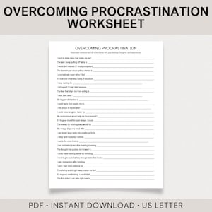 May include: A printable worksheet titled "Overcoming Procrastination" with fill-in-the-blank prompts. The document is designed to help individuals identify and address procrastination habits. The bottom of the page reads "PDF • INSTANT DOWNLOAD • US LETTER."
