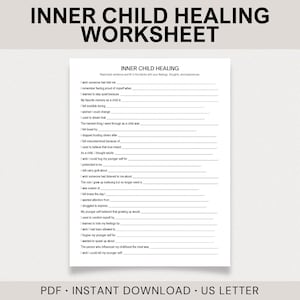 Puede incluir: Una hoja de trabajo blanca titulada "INNER CHILD HEALING WORKSHEET" con indicaciones para completar sobre experiencias de la infancia. El texto incluye frases como "Me gustaría que alguien me lo hubiera dicho" y "Me sentía invisible durante". La parte inferior de la página dice "PDF • DESCARGA INSTANTÁNEA • US LETTER".